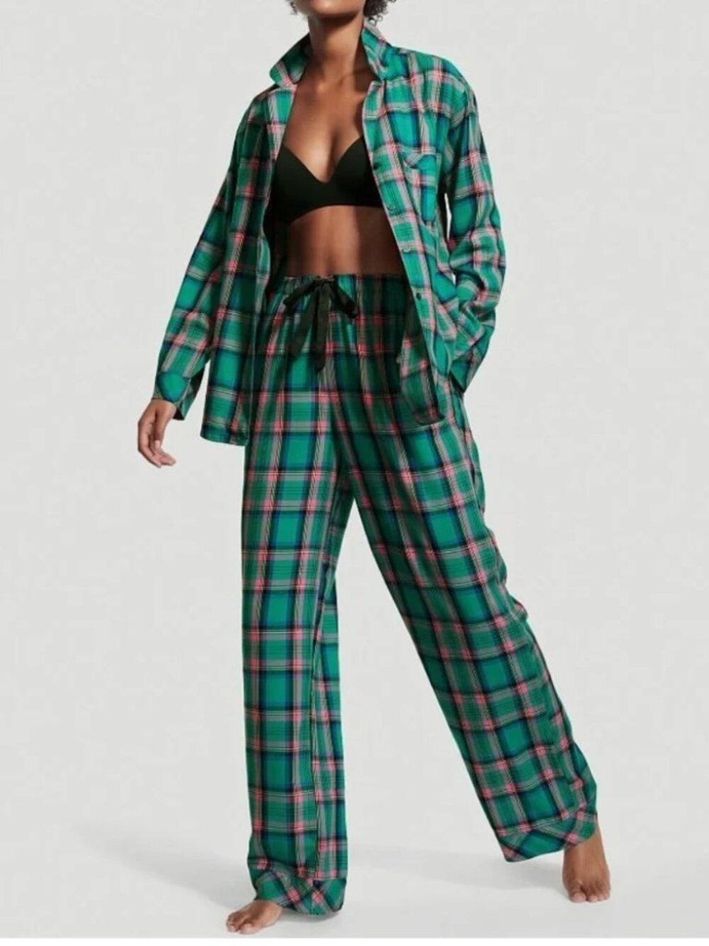 Victoria's Secret Green Pink Plaid 2pc Pajama Set